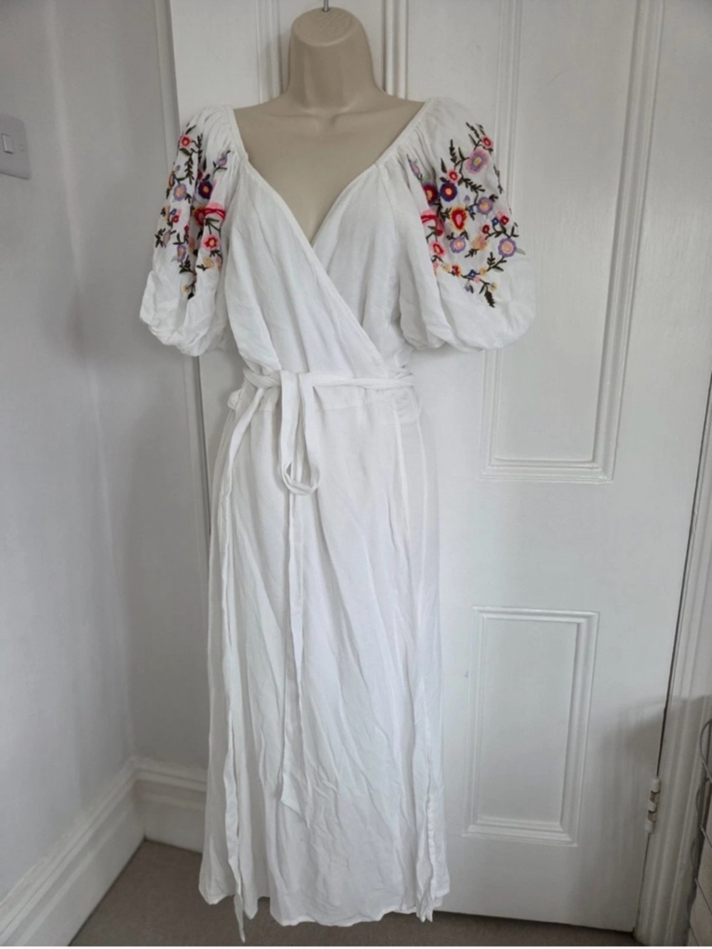 Never Fully Dressed White Maxi Wrap Dress with Floral Embroidered Puff Sleeves